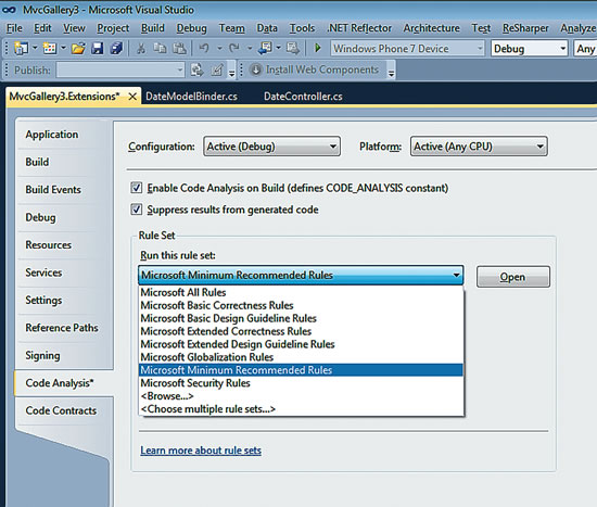 Code Analysis Settings in a Visual Studio 2010 Project