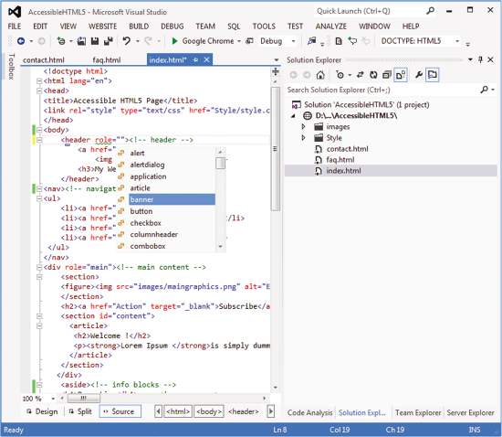 Visual Studio 2012 における ARIA ロールの IntelliSense サポート