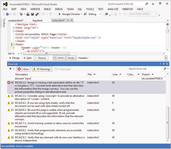 Visual Studio 2012 における Web コンテンツのアクセシビリティに関するレポート