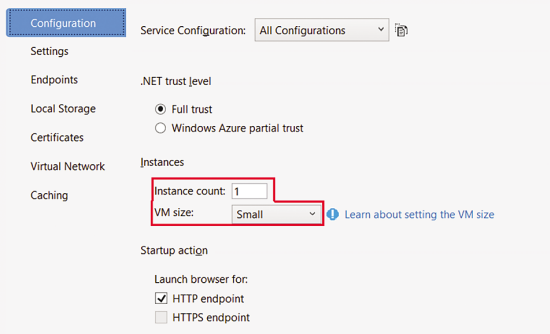 Windows Azure Deployment Properties for the WebService Role