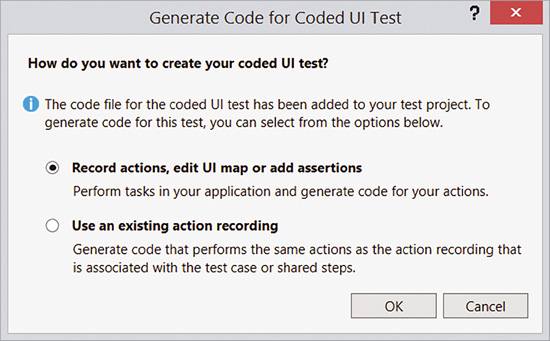 コード化された UI テストの記録または編集を選択するための、Visual Studio に表示されるダイアログ ボックス