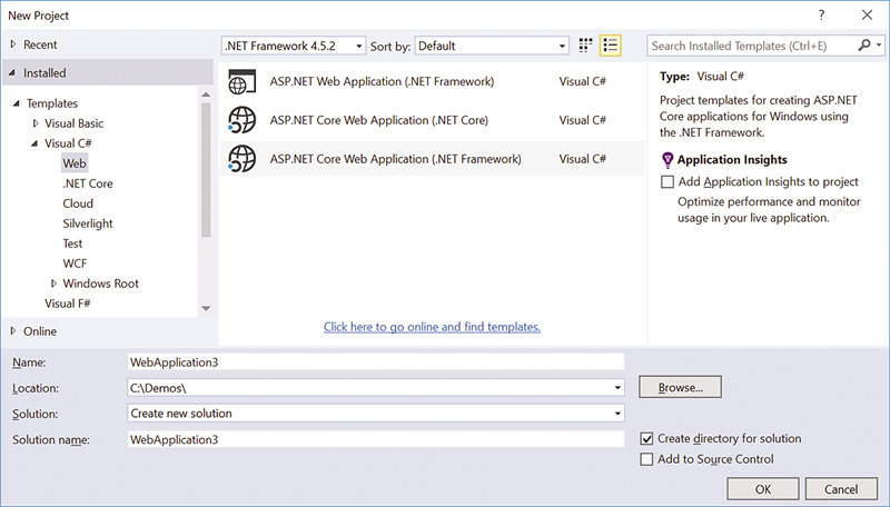 Visual Studio での新しい ASP.NET Core プロジェクトの作成