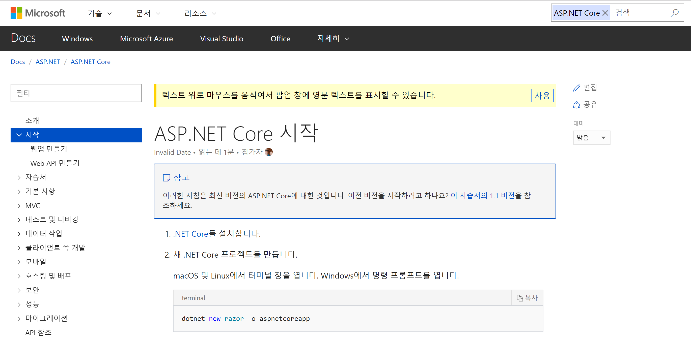 ドキュメント ドット microsoft dot com ブラウザー ページのスクリーンショット。A S P ドット Net Core ドキュメントの International バージョンが示されています。