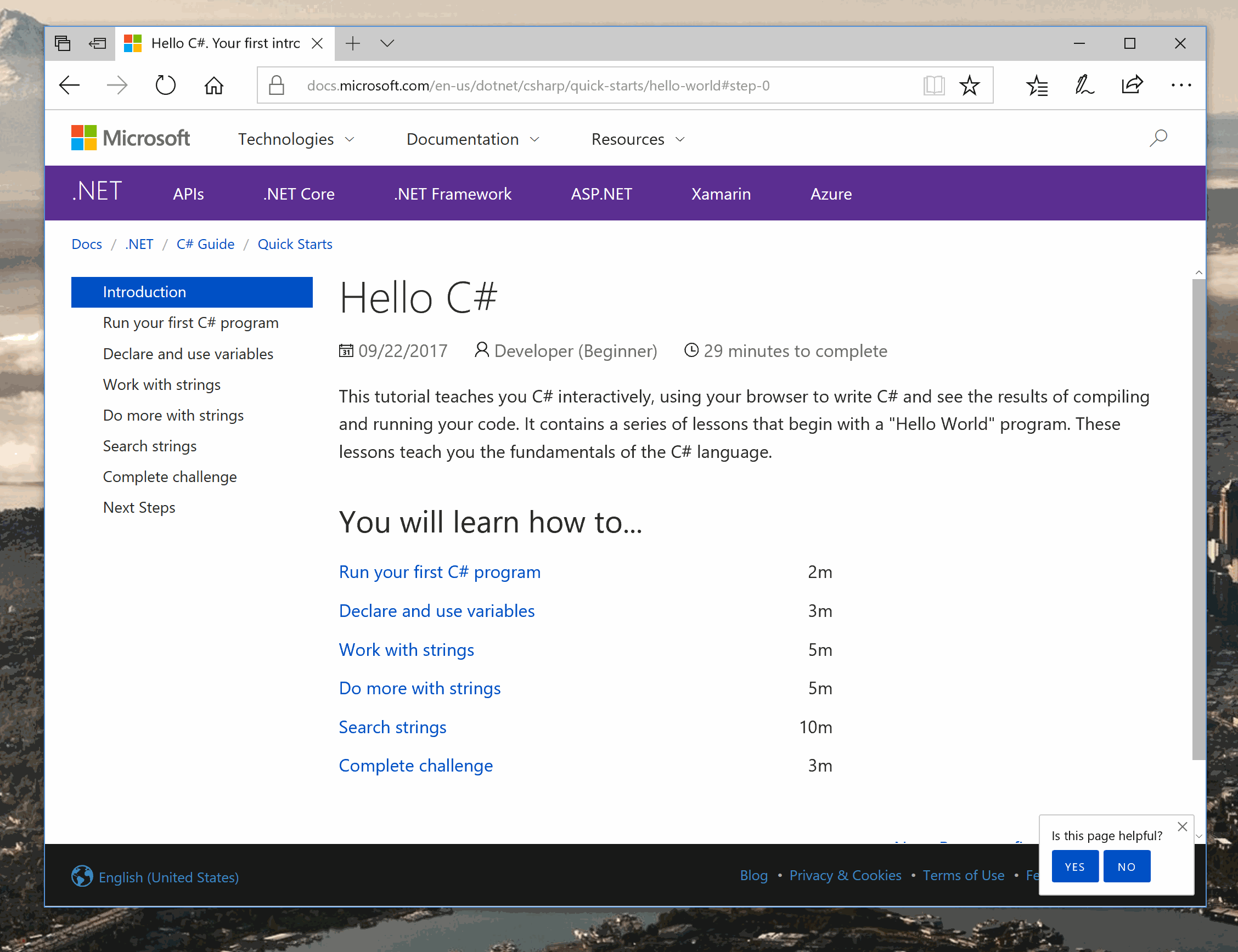 ドキュメント ドット microsoft dot com ブラウザー ページのアニメーション GIF。.NET C Sharp チュートリアルがブラウザーでコードをコンパイルして実行している様子が示されています。