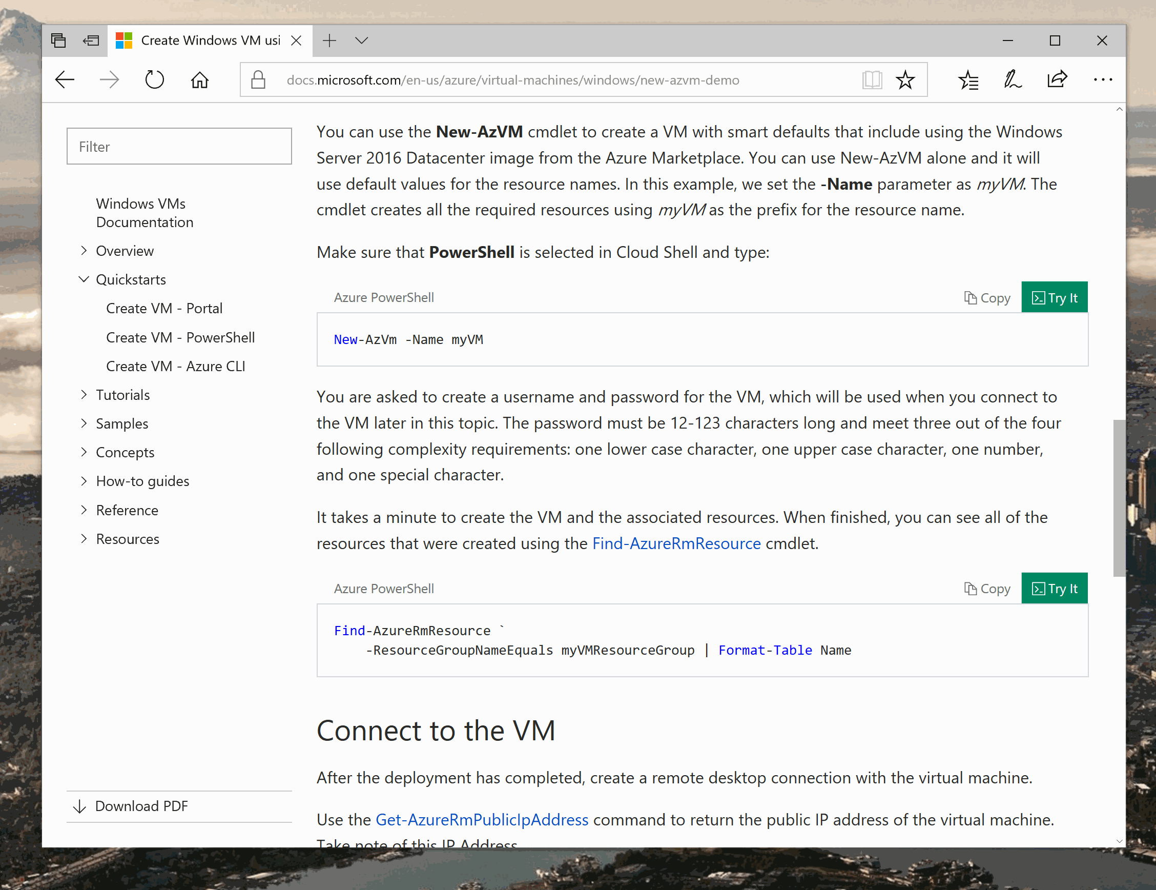 ドキュメント ドット microsoft dot com ブラウザー ページのアニメーション GIF。Azure Power Shell スクリプトを実行している Azure Cloud Shell が表示されています。
