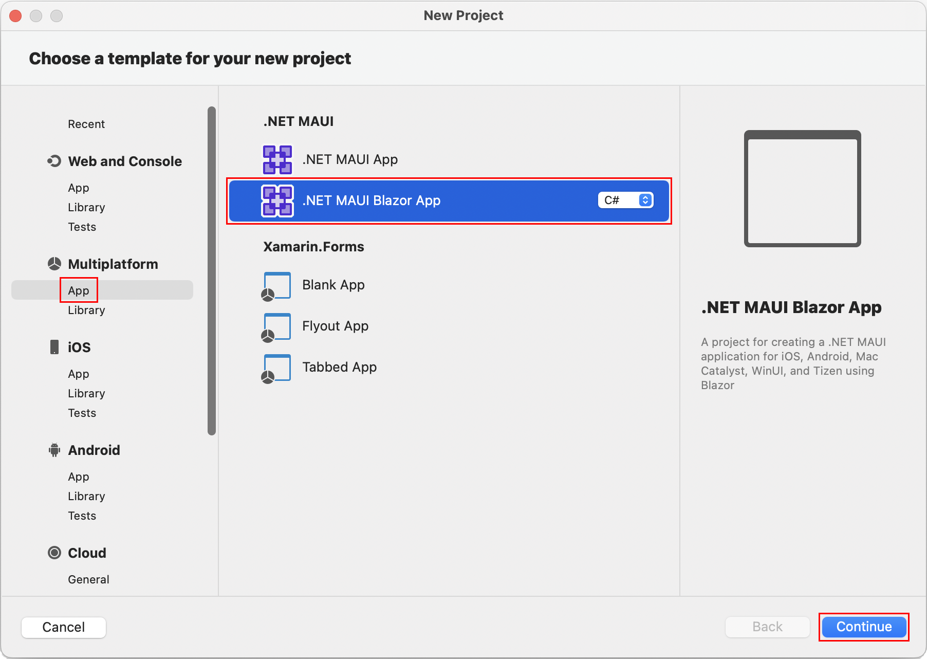.NET MAUIBlazor アプリ プロジェクト テンプレートが選択された状態で、新しいプロジェクト ダイアログのテンプレートを選択する。