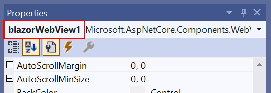 BlazorWebView は Visual Studio によって自動的に 'blazorWebView1' という名前になります。