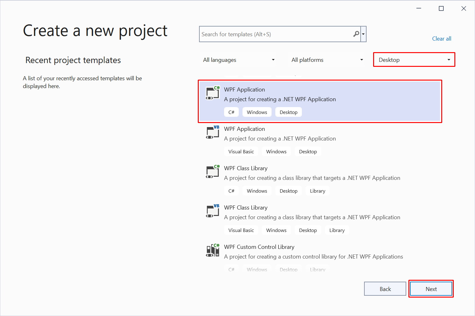 Visual Studio で新しいプロジェクトを作成します。