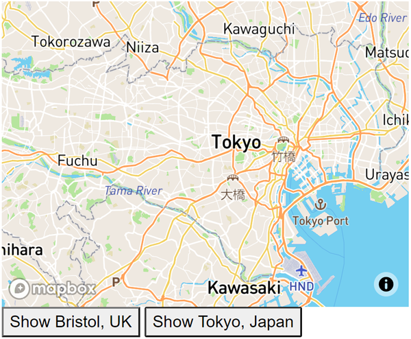 Mapbox による東京の市街地図。英国のブリストルと日本の東京を選択するためのボタンがあります