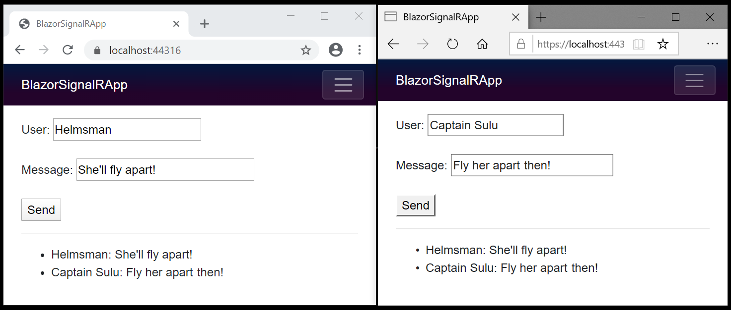 交換されたメッセージが表示されている、2 つのブラウザー ウィンドウで開かれた SignalRBlazor サンプル アプリ。