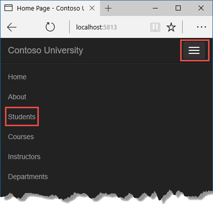 Contoso University のホーム ページ (ウィンドウ幅が狭いとき)