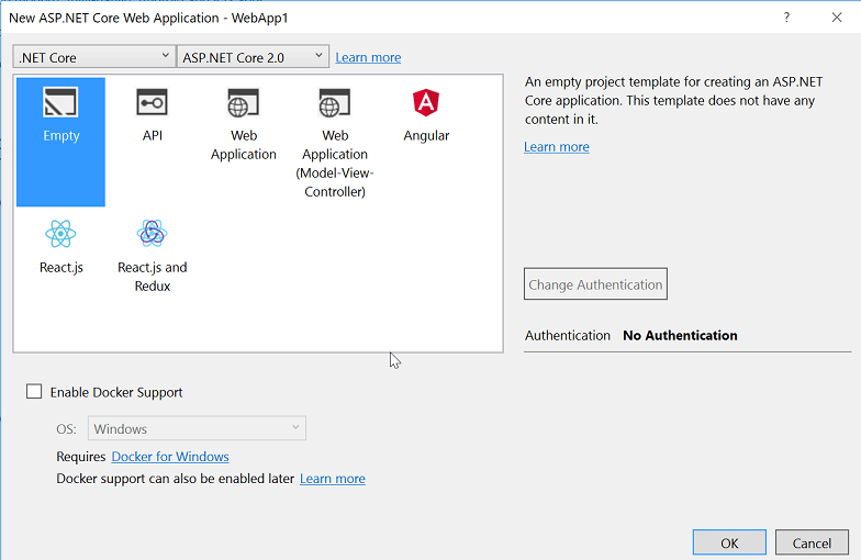 New ASP.NET Web Application dialog: Empty project template selected in ASP.NET Core Templates panel