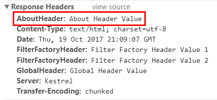About ページの応答ヘッダーは、AboutHeader が追加されたことを示しています。