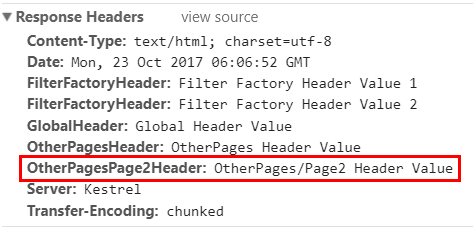 The OtherPagesPage2Header is added to the response for Page2.