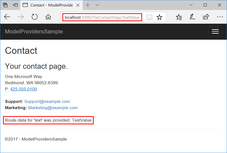 URL に 'TextValue' のオプションの 'text' ルート セグメントを指定するエッジ ブラウザーの例。レンダリングされたページには、