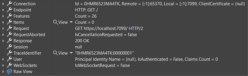 .NET 8 における HttpContext 型の役に立つデバッガーの表示。