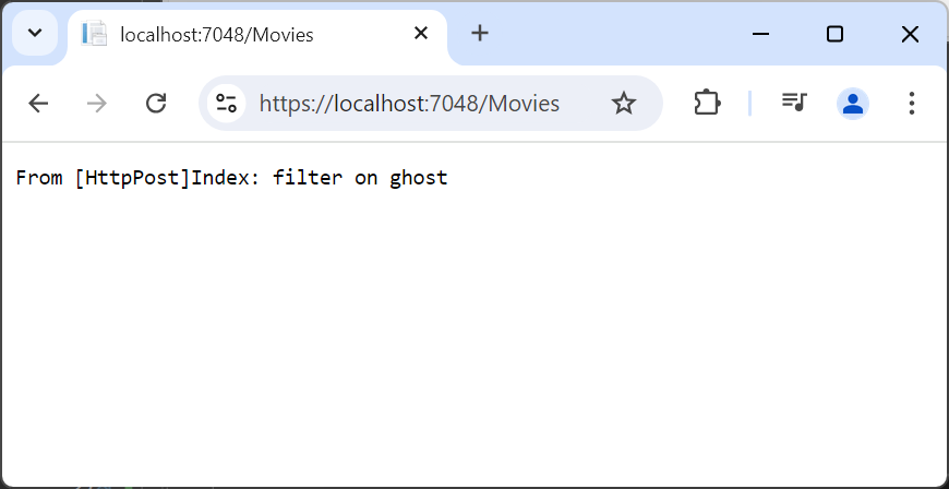 From HttpPost Index: filter on ghost というアプリケーション応答を示すブラウザー ウィンドウ