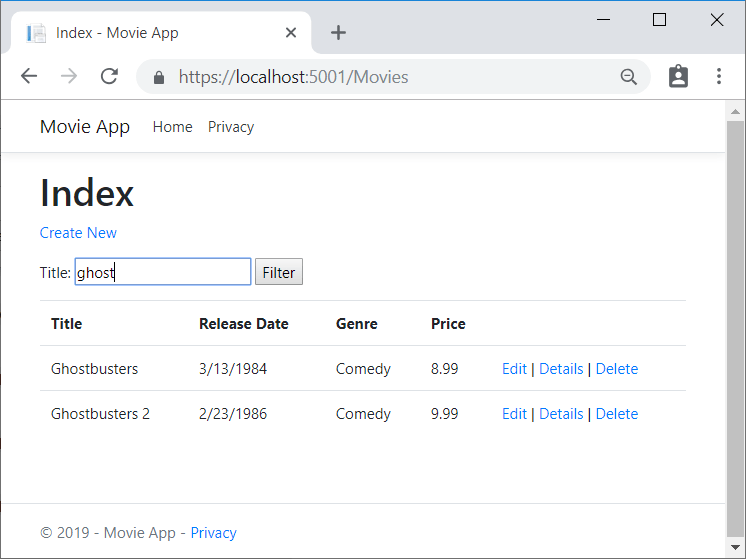 タイトル フィルター テキストボックスに ghost という単語が入力されたインデックス ビュー