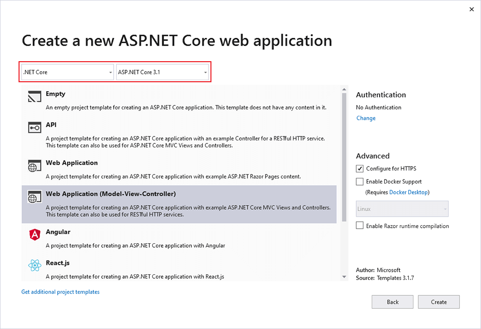 [新しいプロジェクト] ダイアログ、左側のペインの .NET Core、ASP.NET Core Web