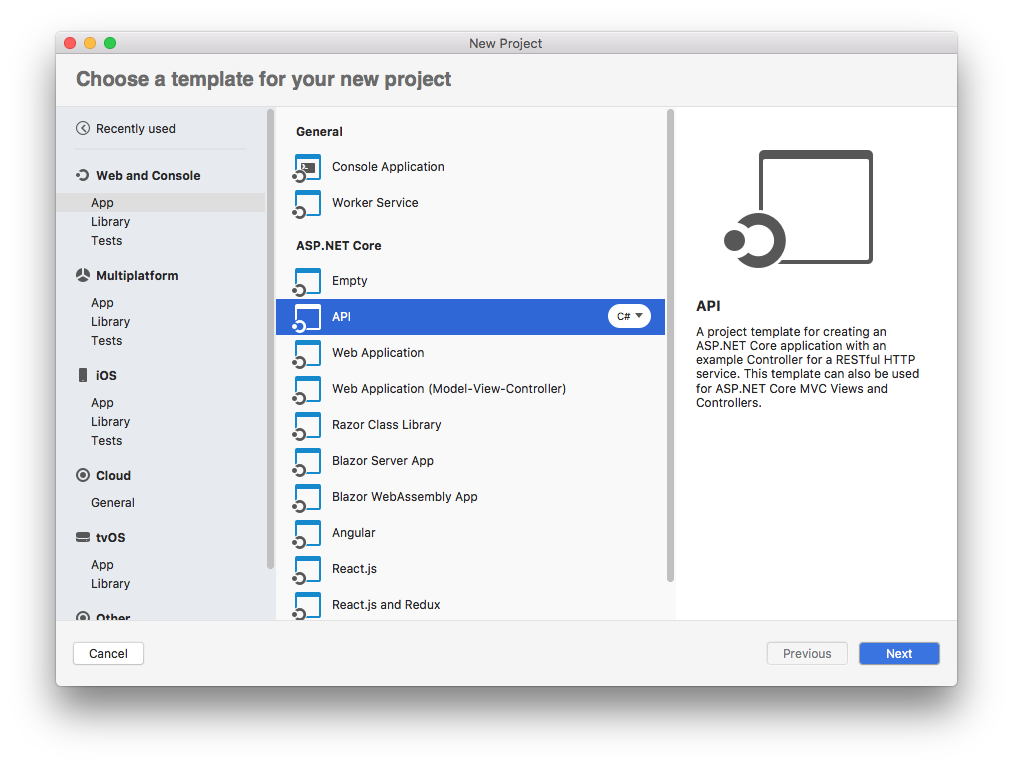 macOS での API テンプレートの選択