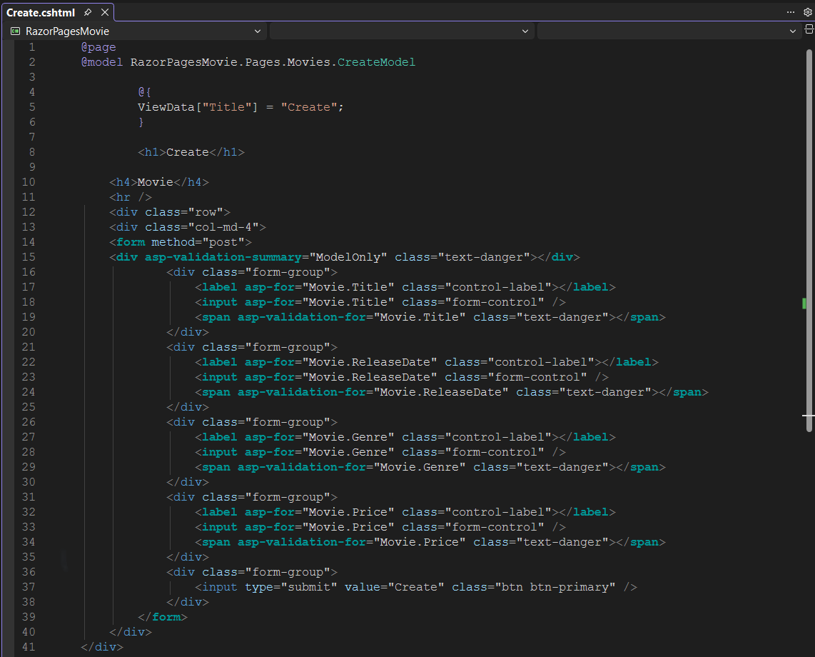 タグ ヘルパーの強調表示を示す Create.cshtml ページの Visual Studio ビュー。