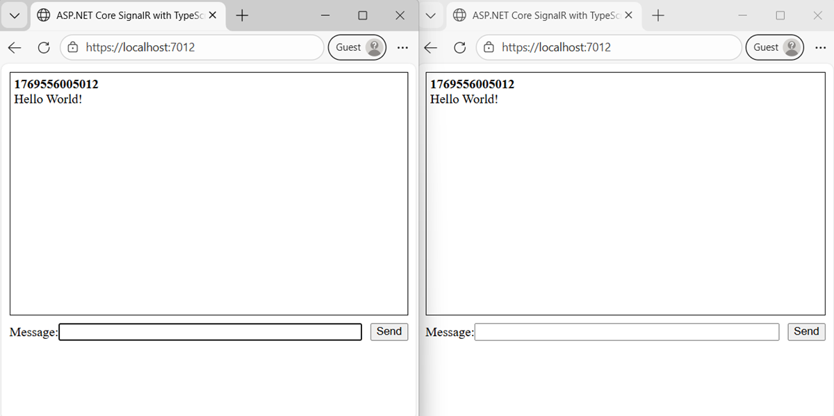 両方のブラウザー ウィンドウに表示されるメッセージ。