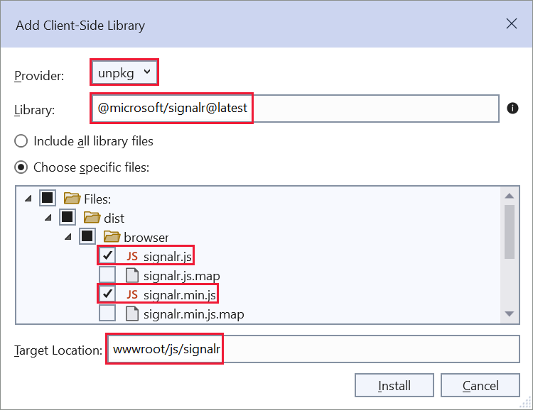 Add Client-Side Library dialog - select library