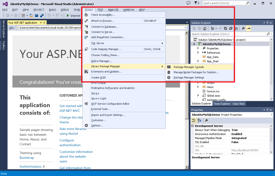 Visual Studio の M V C プロジェクトのスクリーンショット。上部のメニューで [ツール] が選択され、左側で [ライブラリ パッケージ マネージャー] が選択され、右側で [パッケージ マネージャー コンソール] が選択されています。