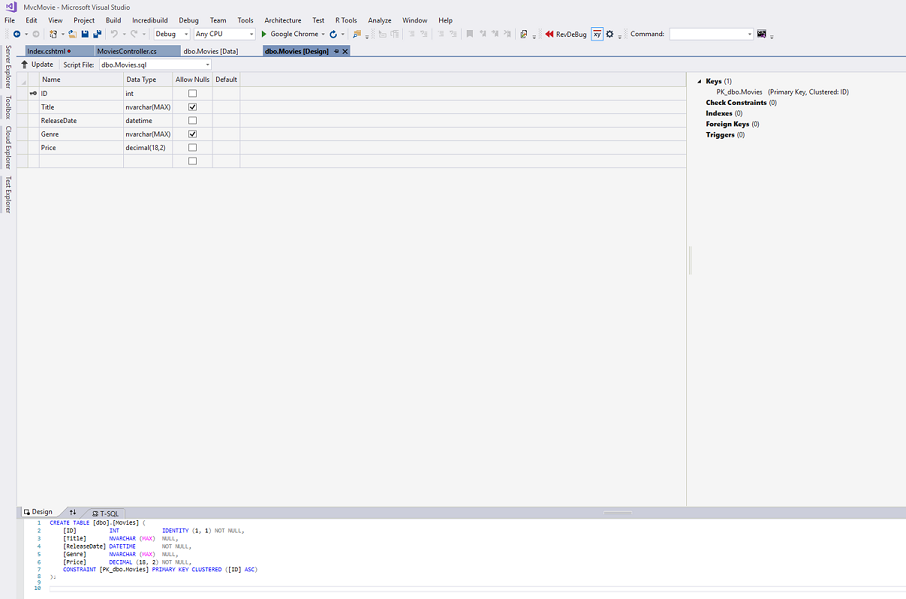 M V C Movie Microsoft Visual Studio ウィンドウを示すスクリーンショット。[d b o dot Movies Design]\(ムービーのデザイン\) タブが選択されています。