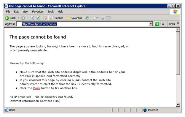 Microsoft Internet エクスプローラー ウィンドウのスクリーンショット。404 Not Found エラーが表示されています。