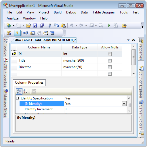 Screenshot of the Microsoft Visual Studio window, which is showing the Table Designer feature.