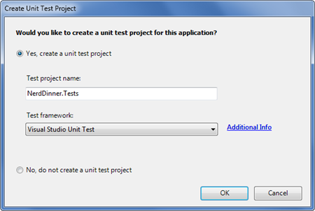Screenshot of the Create Unit Test Project dialog. Yes, create a unit test project is selected.Nerd Dinner dot Tests is written as the Test project name.