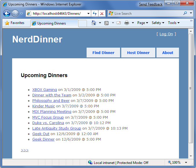 Screenshot of the Upcoming Dinners list on the Nerd Dinner page.