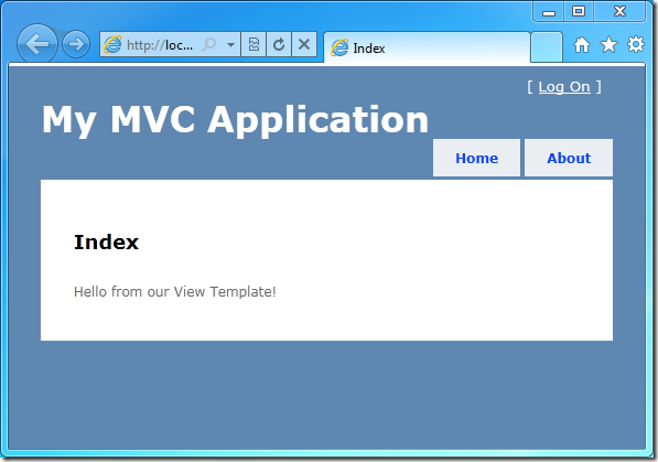 My M V C アプリケーションの [インデックス] ページを示すスクリーンショット。