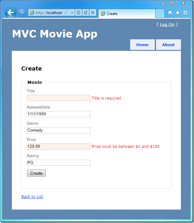 データベースからのムービーの編集と一覧表示をサポートするムービー一覧アプリケーションのスクリーンショット。
