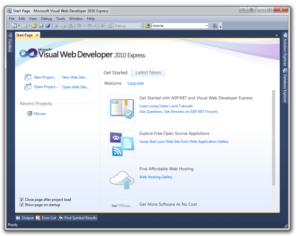 作業を開始するための Visual Web Developer 2010 Express のスクリーンショット。