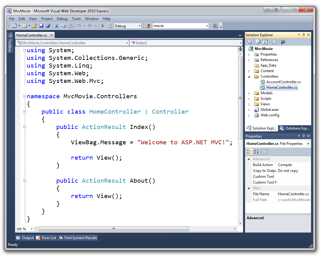A S P の既定のテンプレートを使用した Visual Web Developer のスクリーンショット。作成した N E T M V C プロジェクト。
