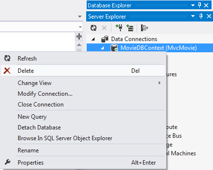 Screenshot that shows the Server Explorer window. Delete is selected in the Movie D B Context right click menu.