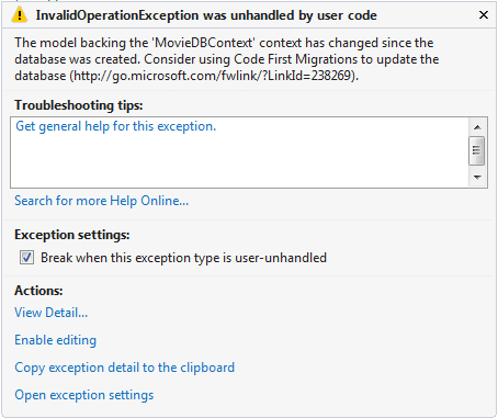 Screenshot that shows the error Invalid Operation Exception was unhandled by user code.