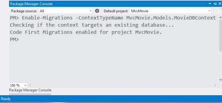 Screenshot that shows the Package Manager Console window. The Enable Migrations command is entered.