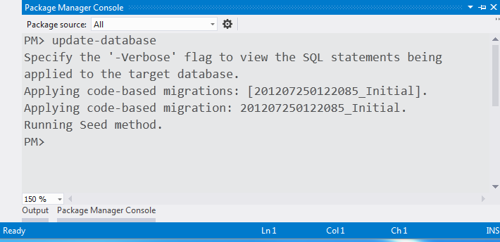 Screenshot that shows the Package Manager Console window. The update database command is entered.