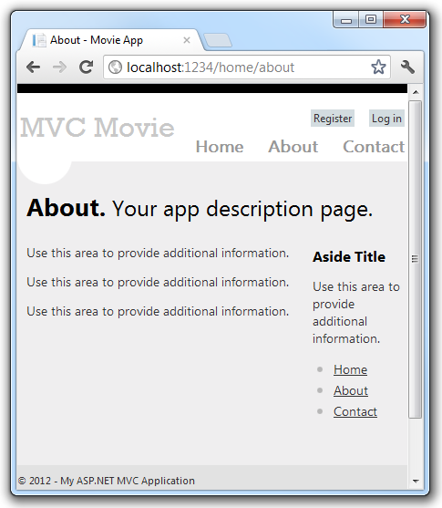 M V C ムービーの [バージョン情報] ページを示すスクリーンショット。