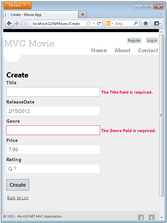 Screenshot that shows the M V C Movie Create page. An alert next to Title states that The Title field is required. An alert next to Genre states that The Genre field is required.