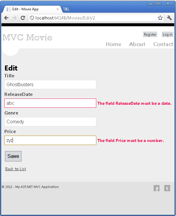 M V C Movie アプリの [編集] ページを示すスクリーンショット。[リリース日] と [価格] の 2 つのテキスト フィールドが強調表示され、ユーザーに正しい値を入力するように求められます。