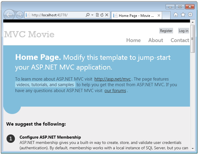 Screenshot that shows the M V C Movie Home page.