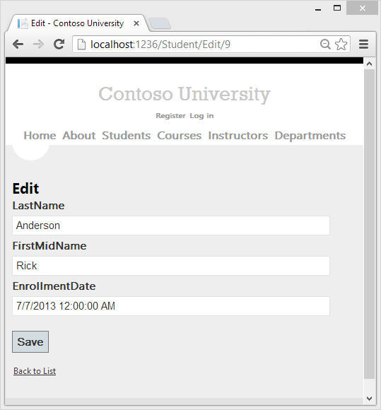 Contoso University Student Edit ページを示すスクリーンショット。