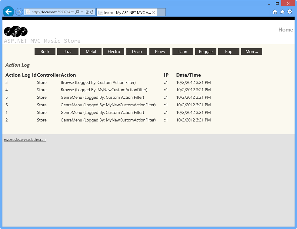 CustomActionFilter で並べ替えられたアクティビティを含むアクション ログを示すスクリーンショット。