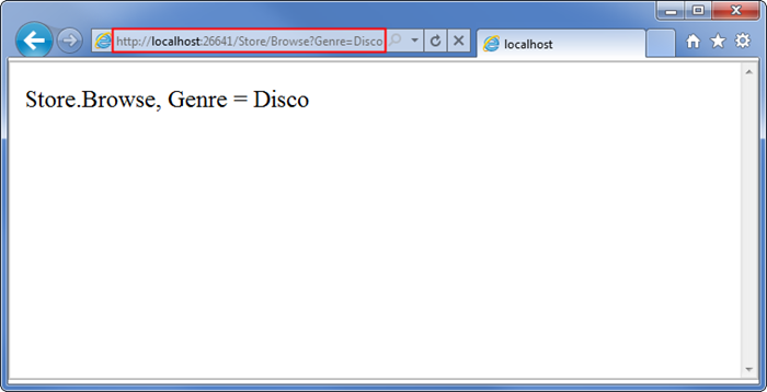 'genre' パラメーターを追加するときにクエリ文字列値を取得するときに URL によって返される文字列 (Store.Browse、Genre = Disco) の別の例を示すスクリーンショット。