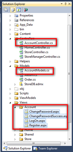 アカウント コントローラーのドット C S、アカウント モデルのドット CS、および /Account /フォルダー内のファイルが強調表示されている [ソリューション エクスプローラー] ペインのスクリーンショット。