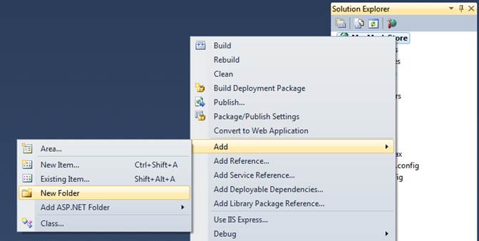 Screenshot of the project window showing the right-click menu with the Add and New Folder options highlighted in yellow.